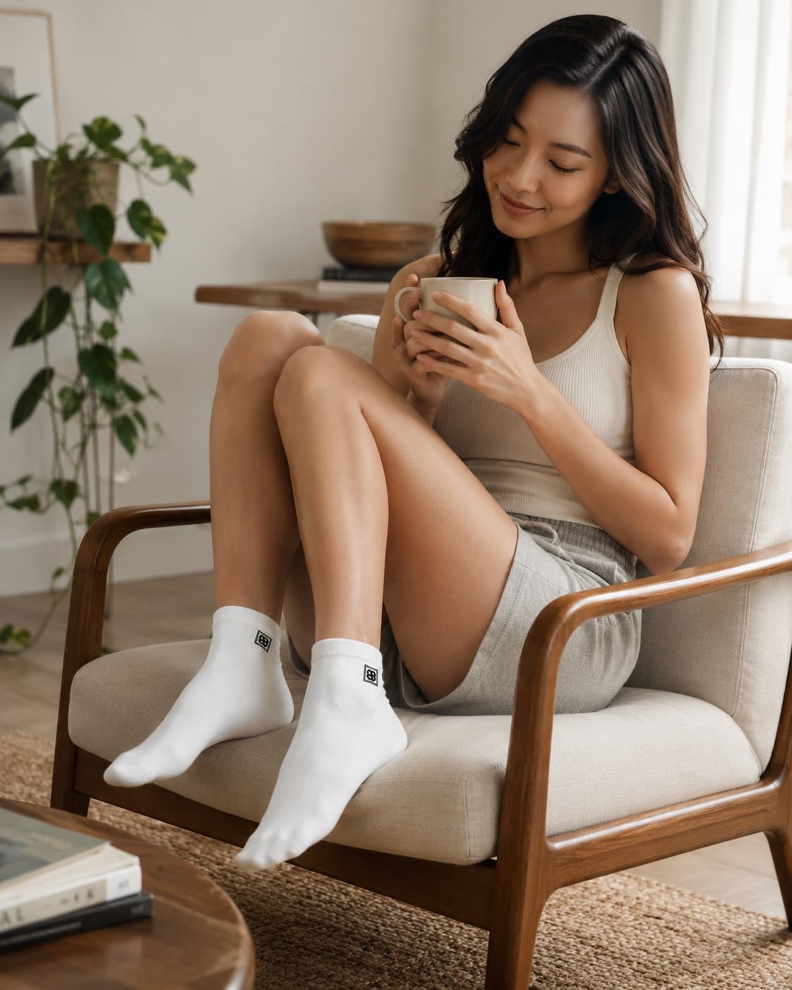 Persona tomando café en un sillón con medias Sockets blancas