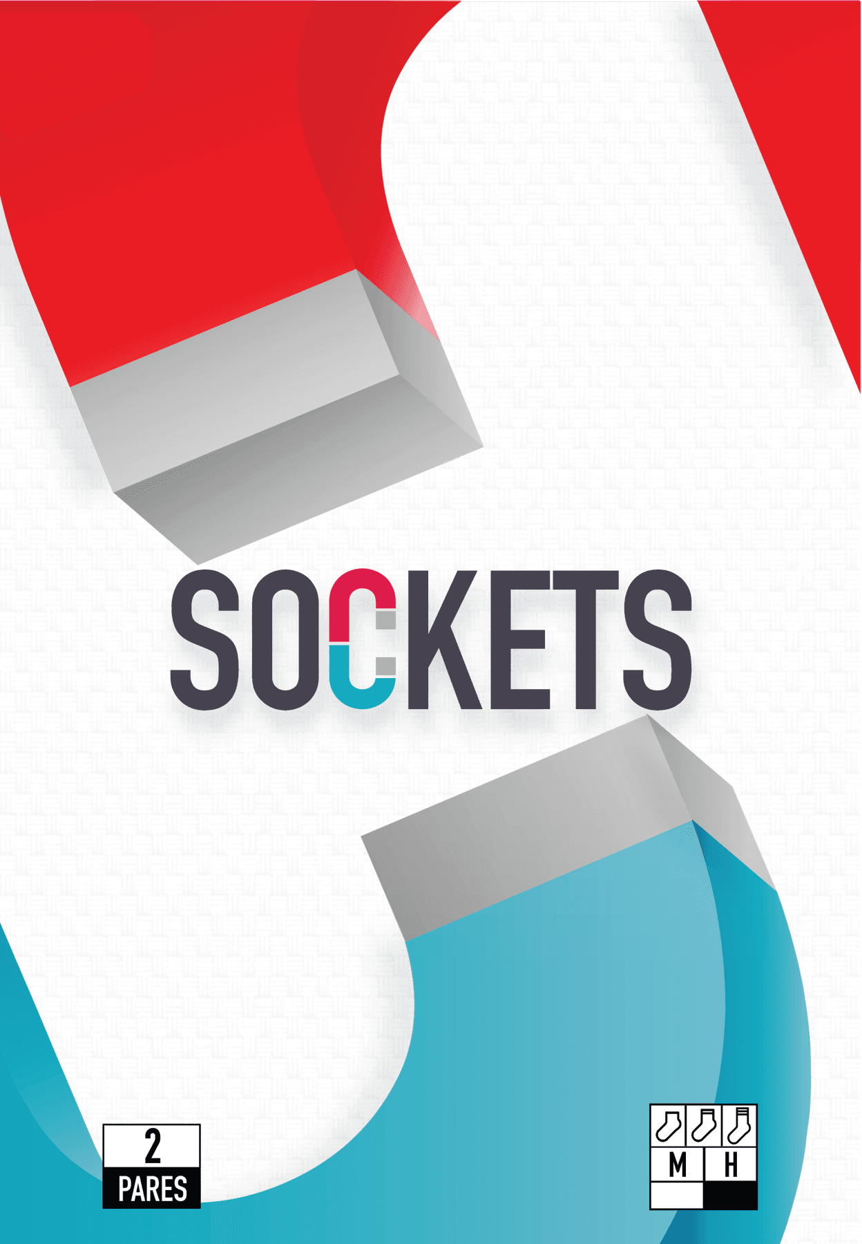 Frente del packaging Sockets con medias roja y cyan